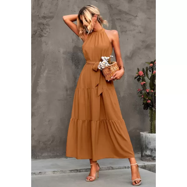 imagePRETTYGARDEN Womens Summer Floral Maxi Sun Dress Sleeveless Halter Neck Flowy Ruffle Hem Long Boho Dresses with BeltZlight Brown