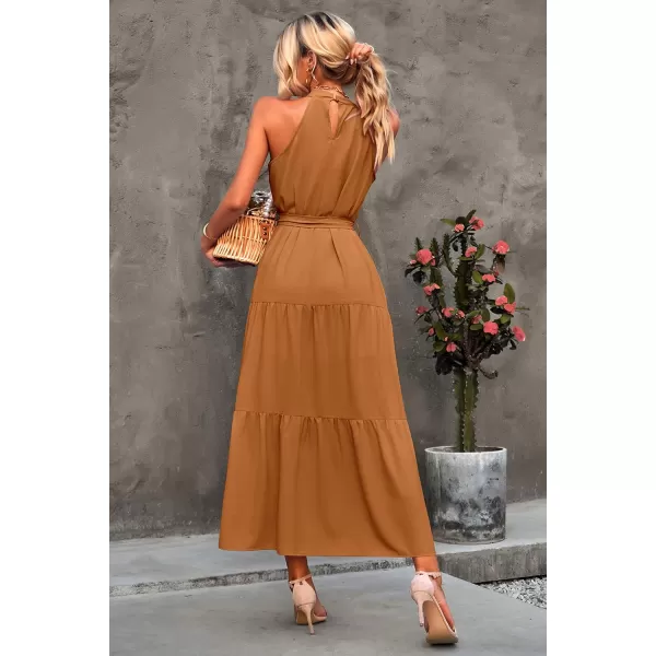 imagePRETTYGARDEN Womens Summer Floral Maxi Sun Dress Sleeveless Halter Neck Flowy Ruffle Hem Long Boho Dresses with BeltZlight Brown
