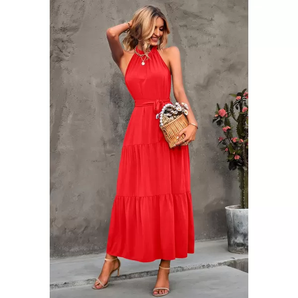 imagePRETTYGARDEN Womens Summer Floral Maxi Sun Dress Sleeveless Halter Neck Flowy Ruffle Hem Long Boho Dresses with BeltZorange