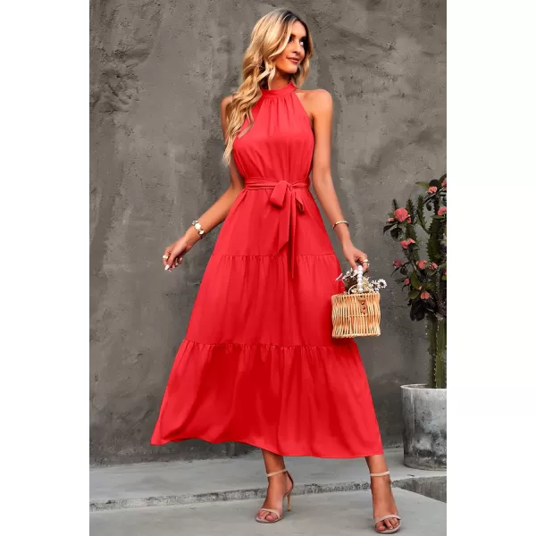 imagePRETTYGARDEN Womens Summer Floral Maxi Sun Dress Sleeveless Halter Neck Flowy Ruffle Hem Long Boho Dresses with BeltZorange