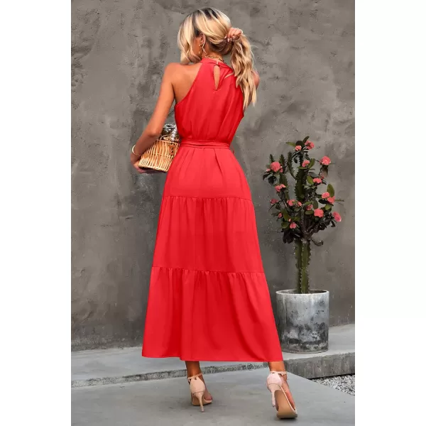 imagePRETTYGARDEN Womens Summer Floral Maxi Sun Dress Sleeveless Halter Neck Flowy Ruffle Hem Long Boho Dresses with BeltZorange