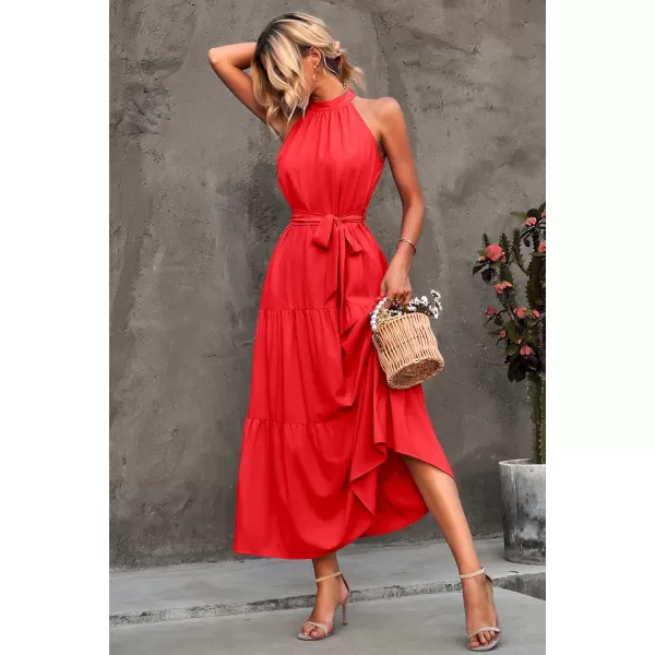 imagePRETTYGARDEN Womens Summer Floral Maxi Sun Dress Sleeveless Halter Neck Flowy Ruffle Hem Long Boho Dresses with BeltZorange
