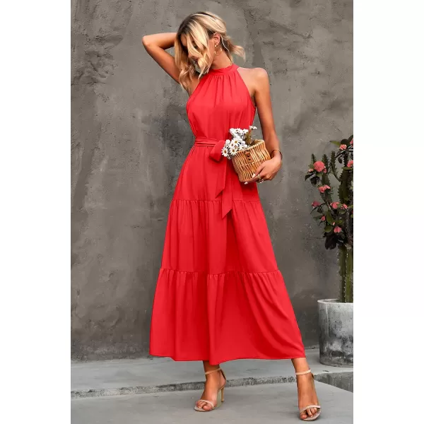 imagePRETTYGARDEN Womens Summer Floral Maxi Sun Dress Sleeveless Halter Neck Flowy Ruffle Hem Long Boho Dresses with BeltZorange