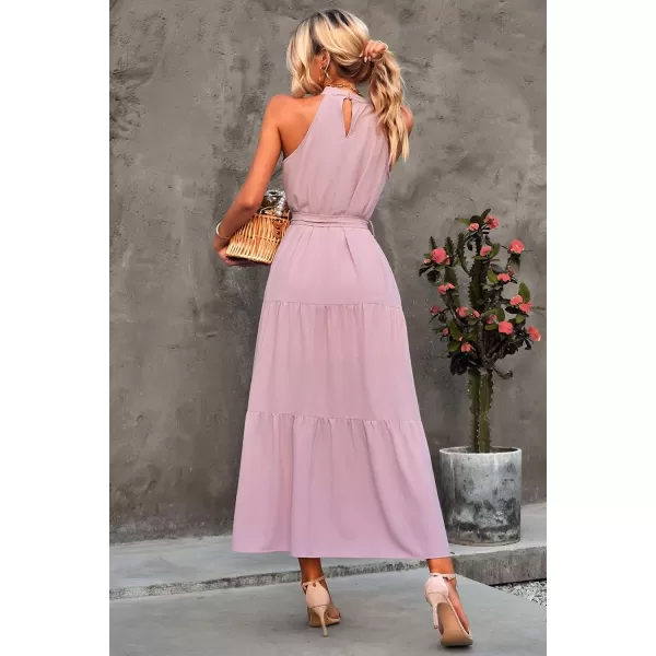 imagePRETTYGARDEN Womens Summer Floral Maxi Sun Dress Sleeveless Halter Neck Flowy Ruffle Hem Long Boho Dresses with BeltZpink