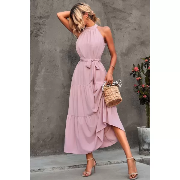 imagePRETTYGARDEN Womens Summer Floral Maxi Sun Dress Sleeveless Halter Neck Flowy Ruffle Hem Long Boho Dresses with BeltZpink