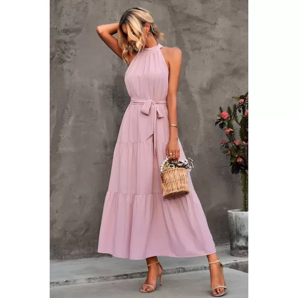 imagePRETTYGARDEN Womens Summer Floral Maxi Sun Dress Sleeveless Halter Neck Flowy Ruffle Hem Long Boho Dresses with BeltZpink