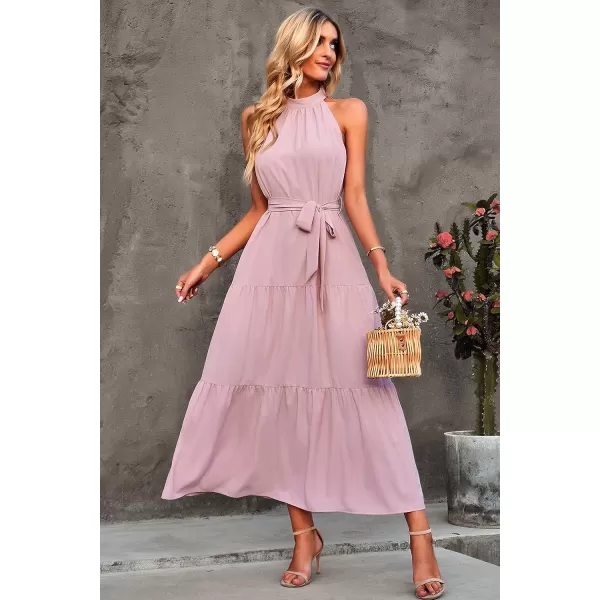 imagePRETTYGARDEN Womens Summer Floral Maxi Sun Dress Sleeveless Halter Neck Flowy Ruffle Hem Long Boho Dresses with BeltZpink