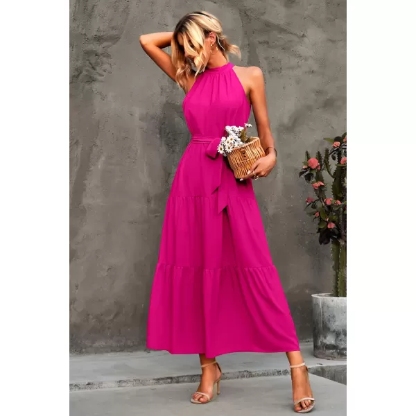 imagePRETTYGARDEN Womens Summer Floral Maxi Sun Dress Sleeveless Halter Neck Flowy Ruffle Hem Long Boho Dresses with BeltZrose Red