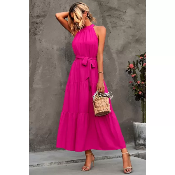 imagePRETTYGARDEN Womens Summer Floral Maxi Sun Dress Sleeveless Halter Neck Flowy Ruffle Hem Long Boho Dresses with BeltZrose Red