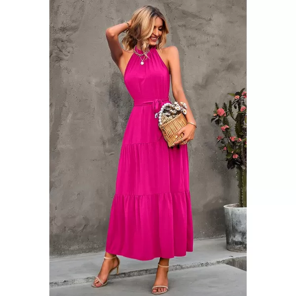 imagePRETTYGARDEN Womens Summer Floral Maxi Sun Dress Sleeveless Halter Neck Flowy Ruffle Hem Long Boho Dresses with BeltZrose Red