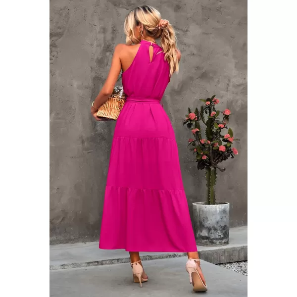 imagePRETTYGARDEN Womens Summer Floral Maxi Sun Dress Sleeveless Halter Neck Flowy Ruffle Hem Long Boho Dresses with BeltZrose Red