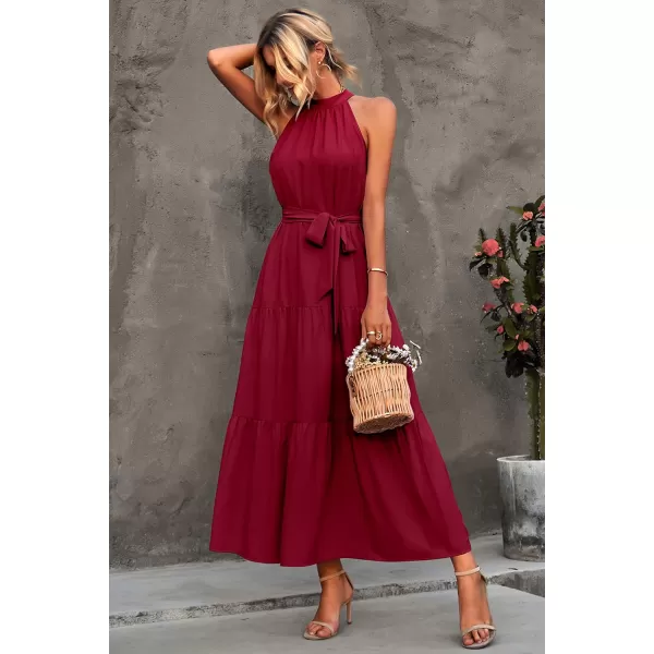 imagePRETTYGARDEN Womens Summer Floral Maxi Sun Dress Sleeveless Halter Neck Flowy Ruffle Hem Long Boho Dresses with BeltZwine Red