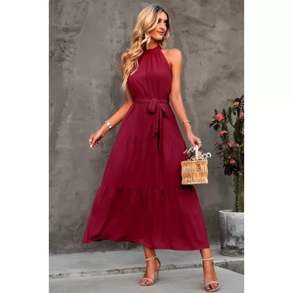 imagePRETTYGARDEN Womens Summer Floral Maxi Sun Dress Sleeveless Halter Neck Flowy Ruffle Hem Long Boho Dresses with BeltZwine Red