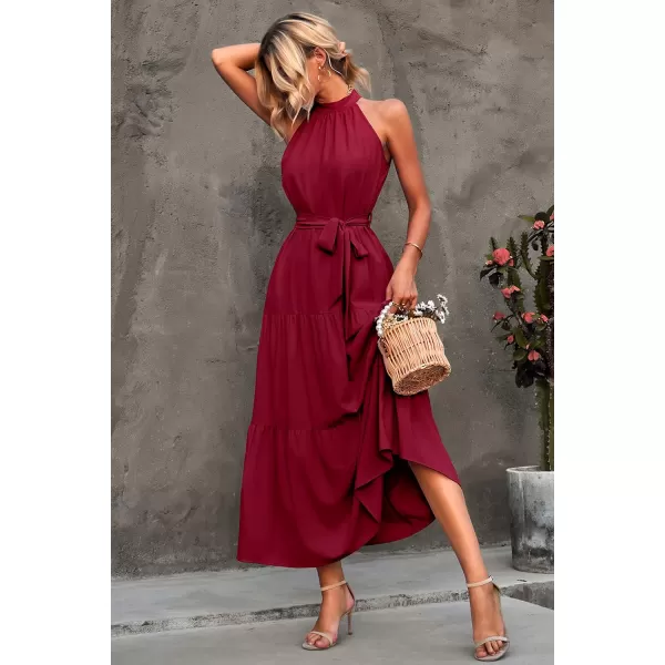 imagePRETTYGARDEN Womens Summer Floral Maxi Sun Dress Sleeveless Halter Neck Flowy Ruffle Hem Long Boho Dresses with BeltZwine Red