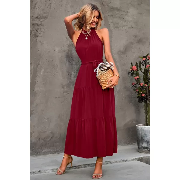 imagePRETTYGARDEN Womens Summer Floral Maxi Sun Dress Sleeveless Halter Neck Flowy Ruffle Hem Long Boho Dresses with BeltZwine Red