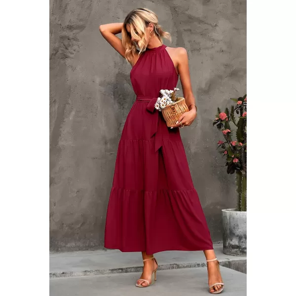 imagePRETTYGARDEN Womens Summer Floral Maxi Sun Dress Sleeveless Halter Neck Flowy Ruffle Hem Long Boho Dresses with BeltZwine Red