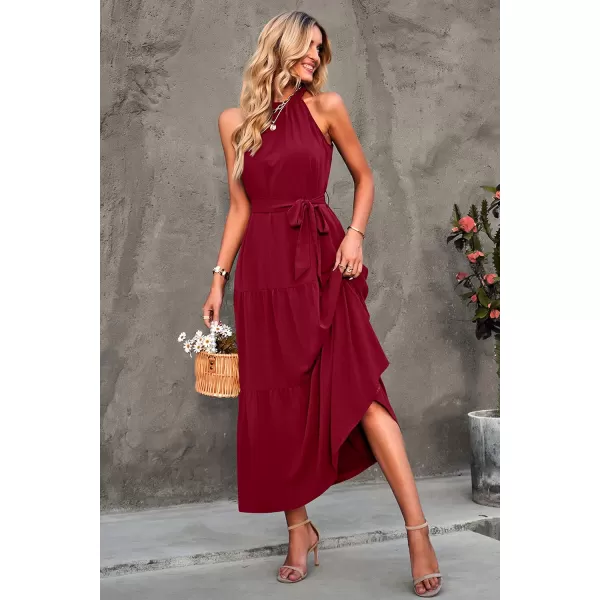 imagePRETTYGARDEN Womens Summer Floral Maxi Sun Dress Sleeveless Halter Neck Flowy Ruffle Hem Long Boho Dresses with BeltZwine Red