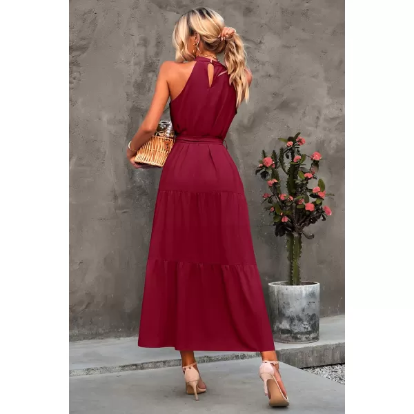imagePRETTYGARDEN Womens Summer Floral Maxi Sun Dress Sleeveless Halter Neck Flowy Ruffle Hem Long Boho Dresses with BeltZwine Red