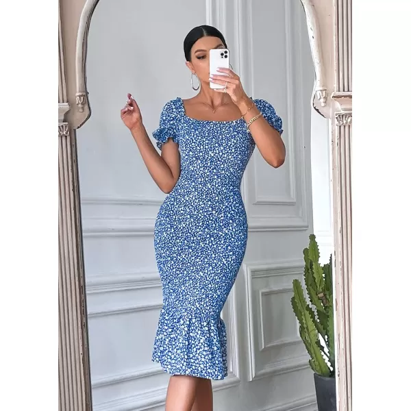 imagePRETTYGARDEN Womens Summer Floral Midi Bodycon Dresses Short Puff Sleeve Square Neck Ruffle Hem Mermaid Cocktail DressBlue