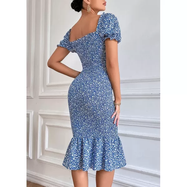 imagePRETTYGARDEN Womens Summer Floral Midi Bodycon Dresses Short Puff Sleeve Square Neck Ruffle Hem Mermaid Cocktail DressBlue