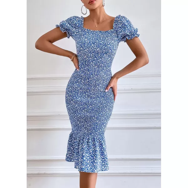 imagePRETTYGARDEN Womens Summer Floral Midi Bodycon Dresses Short Puff Sleeve Square Neck Ruffle Hem Mermaid Cocktail DressBlue