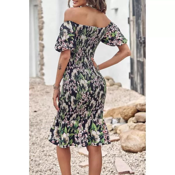 imagePRETTYGARDEN Womens Summer Floral Midi Bodycon Dresses Short Puff Sleeve Square Neck Ruffle Hem Mermaid Cocktail DressFloral Black Green Red