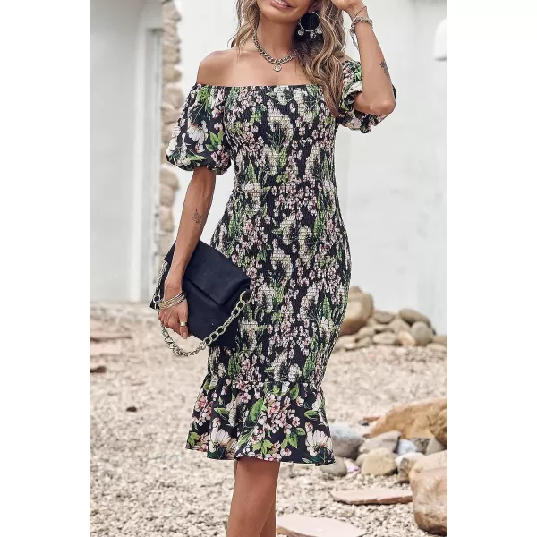 imagePRETTYGARDEN Womens Summer Floral Midi Bodycon Dresses Short Puff Sleeve Square Neck Ruffle Hem Mermaid Cocktail DressFloral Black Green Red