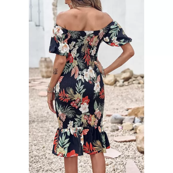 imagePRETTYGARDEN Womens Summer Floral Midi Bodycon Dresses Short Puff Sleeve Square Neck Ruffle Hem Mermaid Cocktail DressFloral Black Red