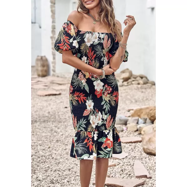 imagePRETTYGARDEN Womens Summer Floral Midi Bodycon Dresses Short Puff Sleeve Square Neck Ruffle Hem Mermaid Cocktail DressFloral Black Red