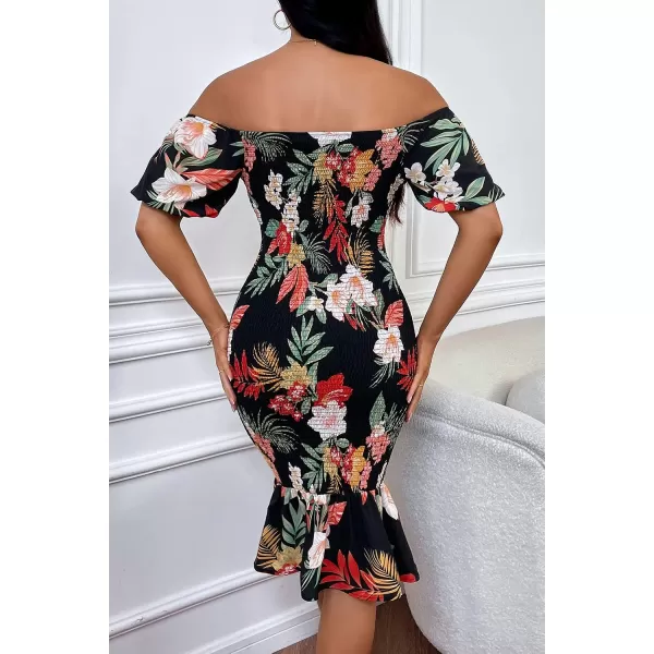 imagePRETTYGARDEN Womens Summer Floral Midi Bodycon Dresses Short Puff Sleeve Square Neck Ruffle Hem Mermaid Cocktail DressFloral Black Red