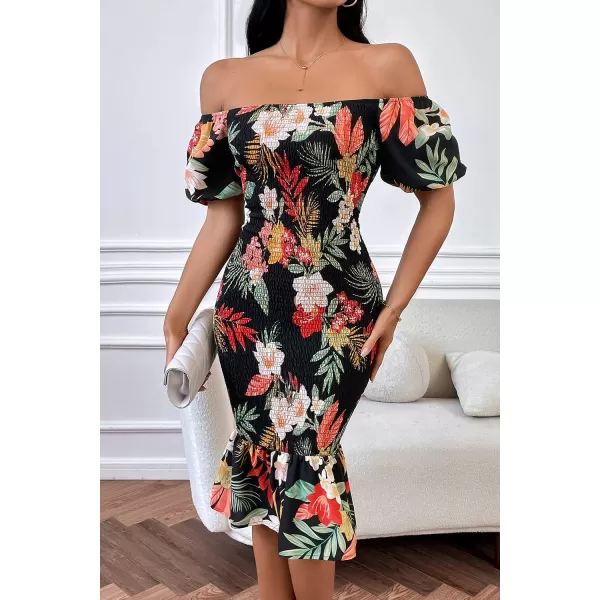 imagePRETTYGARDEN Womens Summer Floral Midi Bodycon Dresses Short Puff Sleeve Square Neck Ruffle Hem Mermaid Cocktail DressFloral Black Red