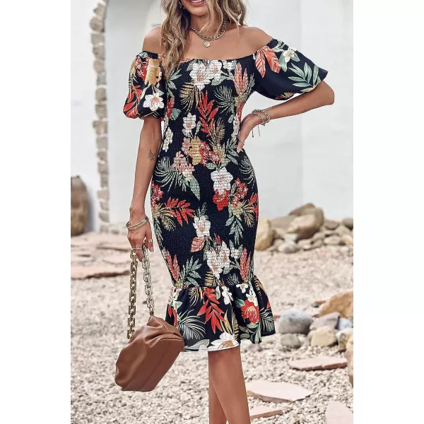 imagePRETTYGARDEN Womens Summer Floral Midi Bodycon Dresses Short Puff Sleeve Square Neck Ruffle Hem Mermaid Cocktail DressFloral Black Red
