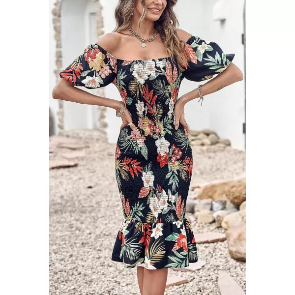 imagePRETTYGARDEN Womens Summer Floral Midi Bodycon Dresses Short Puff Sleeve Square Neck Ruffle Hem Mermaid Cocktail DressFloral Black Red