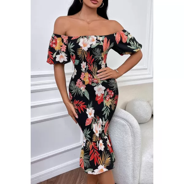 imagePRETTYGARDEN Womens Summer Floral Midi Bodycon Dresses Short Puff Sleeve Square Neck Ruffle Hem Mermaid Cocktail DressFloral Black Red