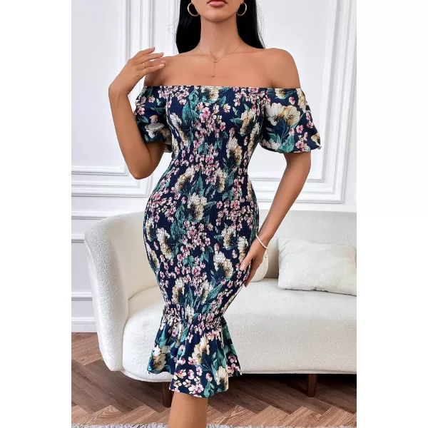 imagePRETTYGARDEN Womens Summer Floral Midi Bodycon Dresses Short Puff Sleeve Square Neck Ruffle Hem Mermaid Cocktail DressFloral Blue Green Red