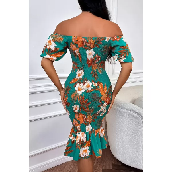imagePRETTYGARDEN Womens Summer Floral Midi Bodycon Dresses Short Puff Sleeve Square Neck Ruffle Hem Mermaid Cocktail DressFloral Green Orange