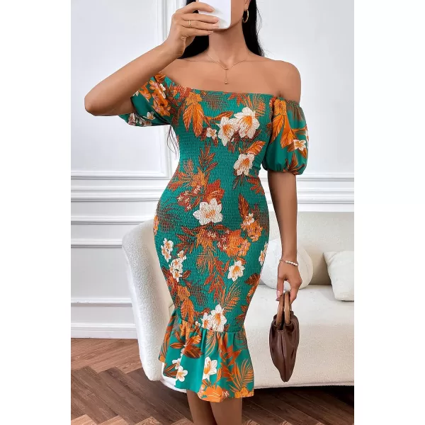 imagePRETTYGARDEN Womens Summer Floral Midi Bodycon Dresses Short Puff Sleeve Square Neck Ruffle Hem Mermaid Cocktail DressFloral Green Orange