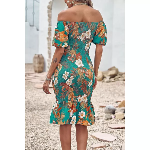imagePRETTYGARDEN Womens Summer Floral Midi Bodycon Dresses Short Puff Sleeve Square Neck Ruffle Hem Mermaid Cocktail DressFloral Green Orange
