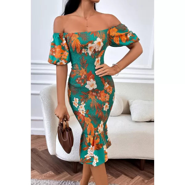 imagePRETTYGARDEN Womens Summer Floral Midi Bodycon Dresses Short Puff Sleeve Square Neck Ruffle Hem Mermaid Cocktail DressFloral Green Orange