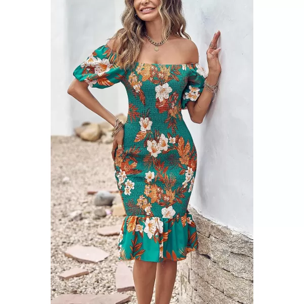 imagePRETTYGARDEN Womens Summer Floral Midi Bodycon Dresses Short Puff Sleeve Square Neck Ruffle Hem Mermaid Cocktail DressFloral Green Orange