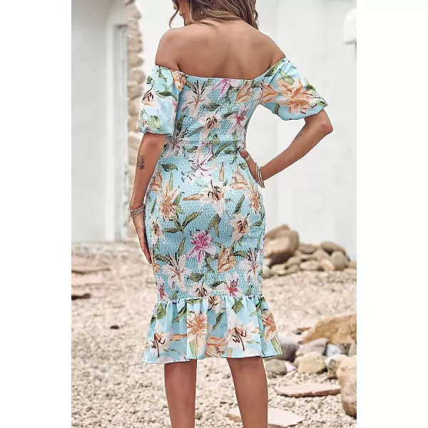 imagePRETTYGARDEN Womens Summer Floral Midi Bodycon Dresses Short Puff Sleeve Square Neck Ruffle Hem Mermaid Cocktail DressFloral Light Green White
