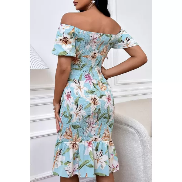 imagePRETTYGARDEN Womens Summer Floral Midi Bodycon Dresses Short Puff Sleeve Square Neck Ruffle Hem Mermaid Cocktail DressFloral Light Green White