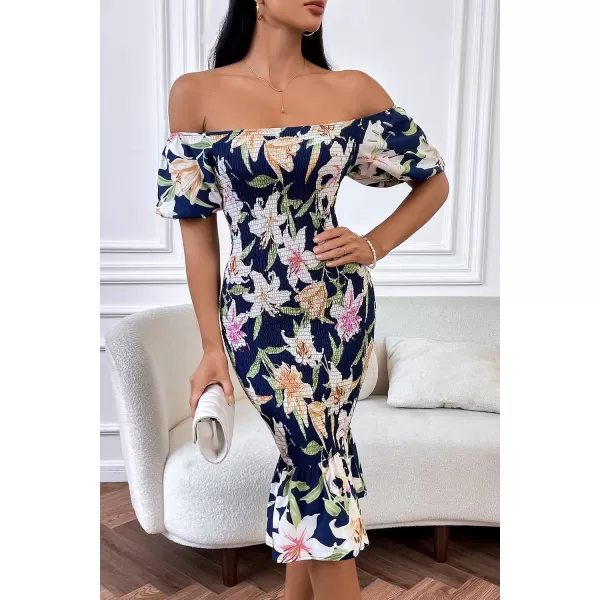 imagePRETTYGARDEN Womens Summer Floral Midi Bodycon Dresses Short Puff Sleeve Square Neck Ruffle Hem Mermaid Cocktail DressFloral Navy White