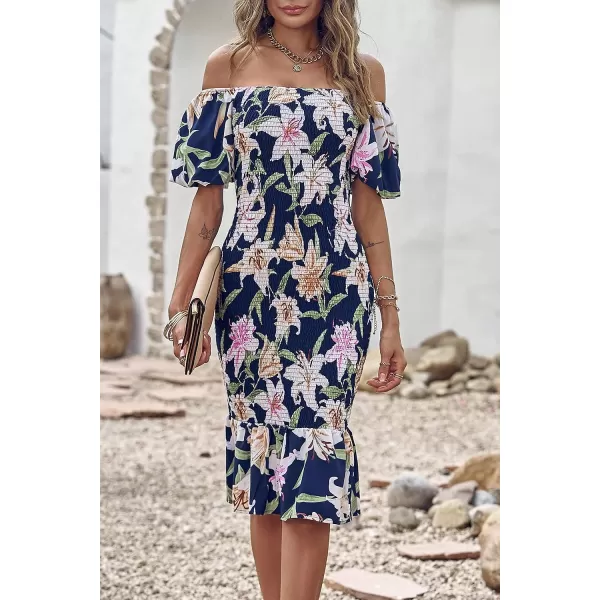 imagePRETTYGARDEN Womens Summer Floral Midi Bodycon Dresses Short Puff Sleeve Square Neck Ruffle Hem Mermaid Cocktail DressFloral Navy White