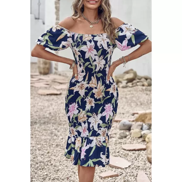 imagePRETTYGARDEN Womens Summer Floral Midi Bodycon Dresses Short Puff Sleeve Square Neck Ruffle Hem Mermaid Cocktail DressFloral Navy White