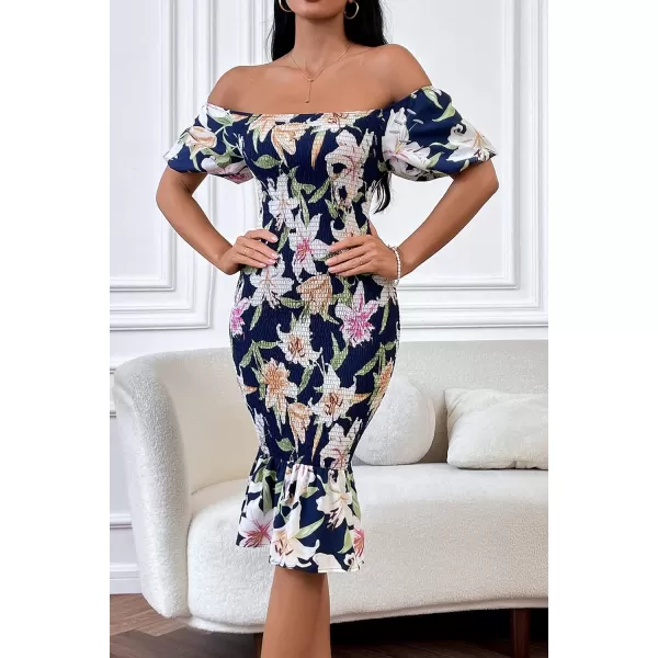 imagePRETTYGARDEN Womens Summer Floral Midi Bodycon Dresses Short Puff Sleeve Square Neck Ruffle Hem Mermaid Cocktail DressFloral Navy White