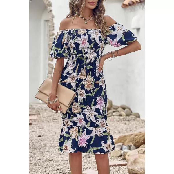 imagePRETTYGARDEN Womens Summer Floral Midi Bodycon Dresses Short Puff Sleeve Square Neck Ruffle Hem Mermaid Cocktail DressFloral Navy White