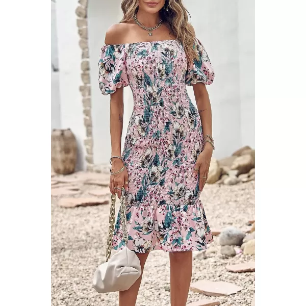 imagePRETTYGARDEN Womens Summer Floral Midi Bodycon Dresses Short Puff Sleeve Square Neck Ruffle Hem Mermaid Cocktail DressFloral Pink Green Apricot