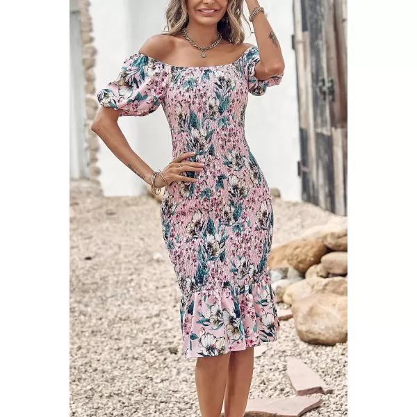 imagePRETTYGARDEN Womens Summer Floral Midi Bodycon Dresses Short Puff Sleeve Square Neck Ruffle Hem Mermaid Cocktail DressFloral Pink Green Apricot