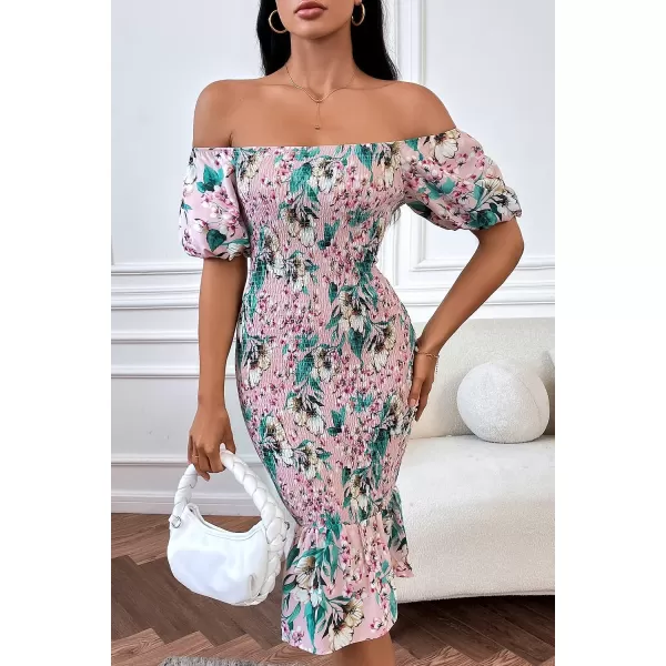 imagePRETTYGARDEN Womens Summer Floral Midi Bodycon Dresses Short Puff Sleeve Square Neck Ruffle Hem Mermaid Cocktail DressFloral Pink Green Apricot